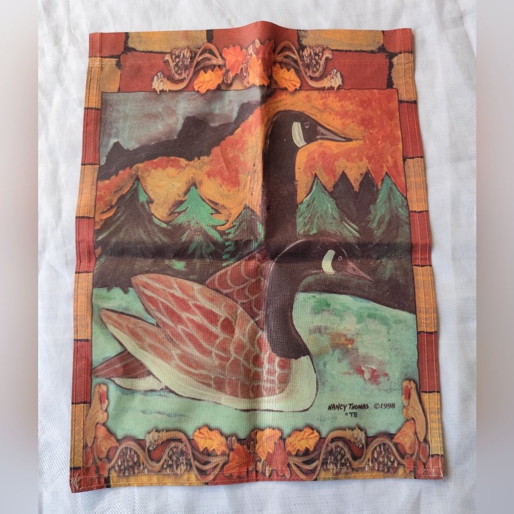 Vintage Nancy Thomas 1998 Folk art flag Swans 11" x 14"